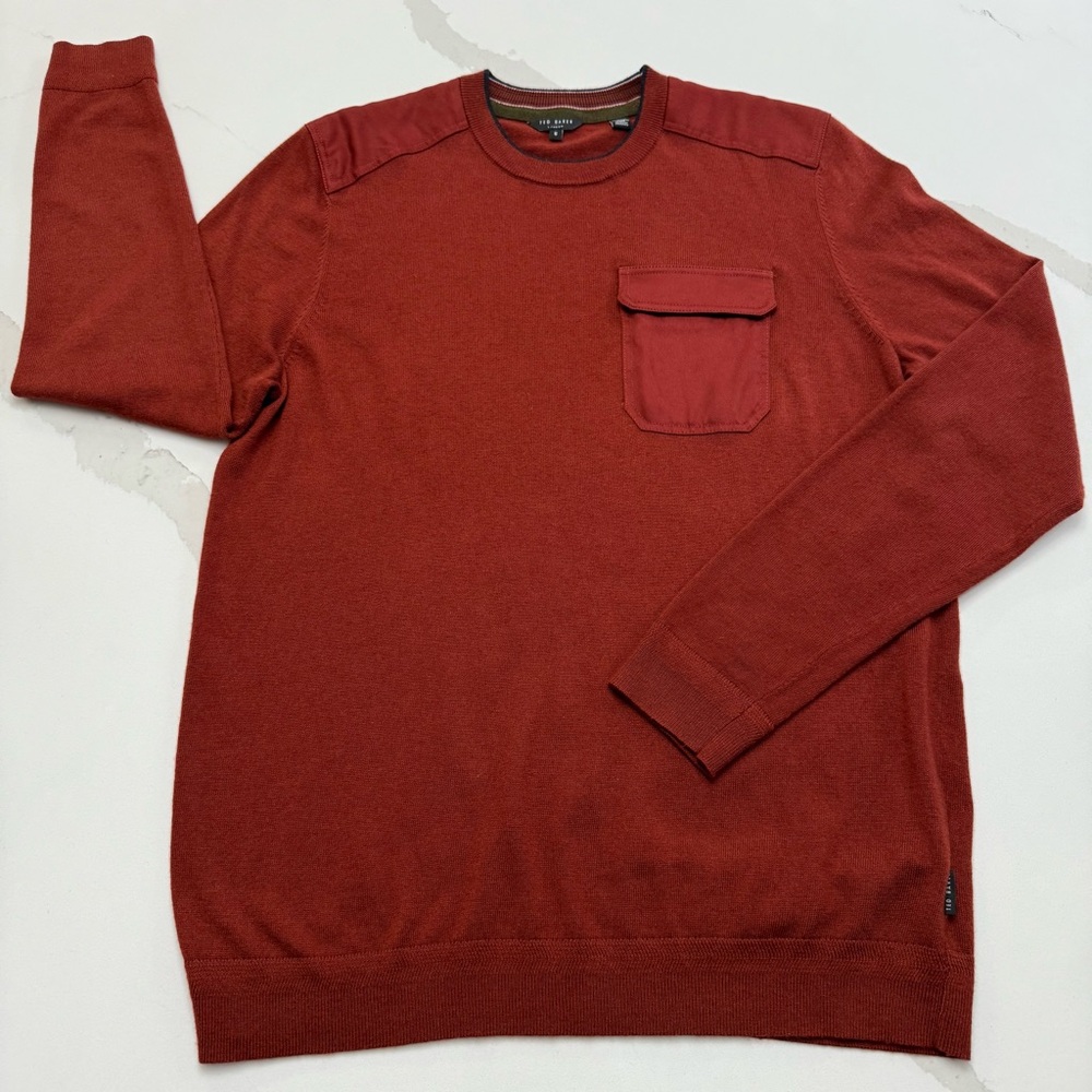 Ted Baker London Sweater Wool Blend Knit Crewneck Pullover Men 5 Large Brick Red